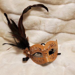 Hand Made Cut Leather, Rhinestone and Feather Mask